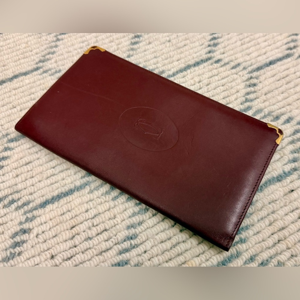 CARTIER Vintage Unisex Must de Cartier Bordeaux Calfskin Long Slim Wallet W Gold - Picture 3 of 16